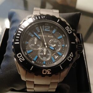 Michael Kors Gunmetal Bracelet Watch with Black Bezel and Blue Dial Accents 44mm